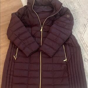 Michael Kors Quilted Puffer Coat in Deep Burgundy with Gold Hardware